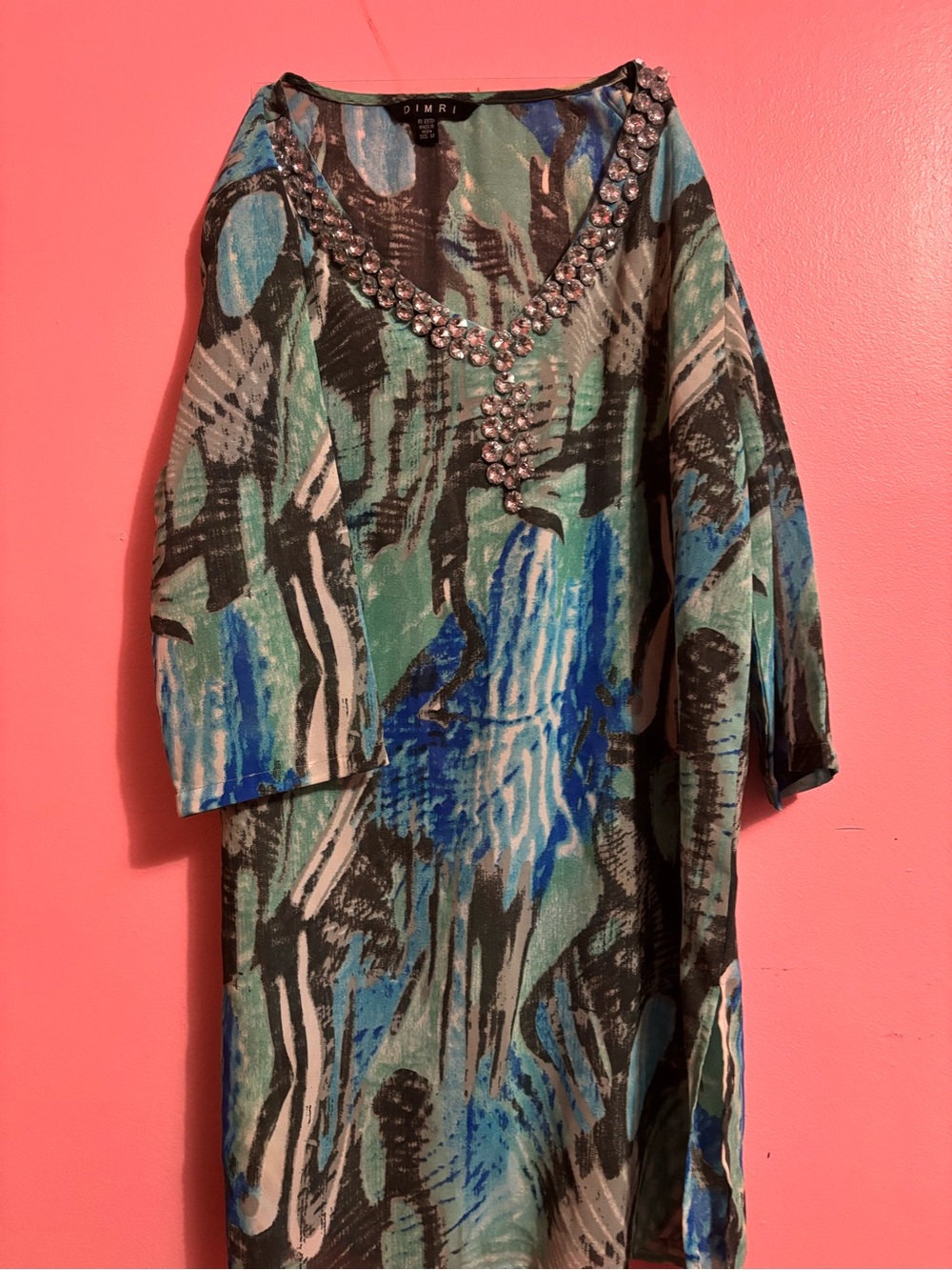 Abstract Green & Blue Long Sleeve Dress with Beaded Neckline
